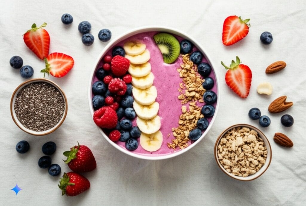 Les bols de smoothie sont surfaits : voici pourquoi ils ne sont pas aussi sains que vous le pensez 1 Bol de smoothie garni de fruits frais, de granola, de graines de chia et de noix, illustrant la densité calorique potentielle.